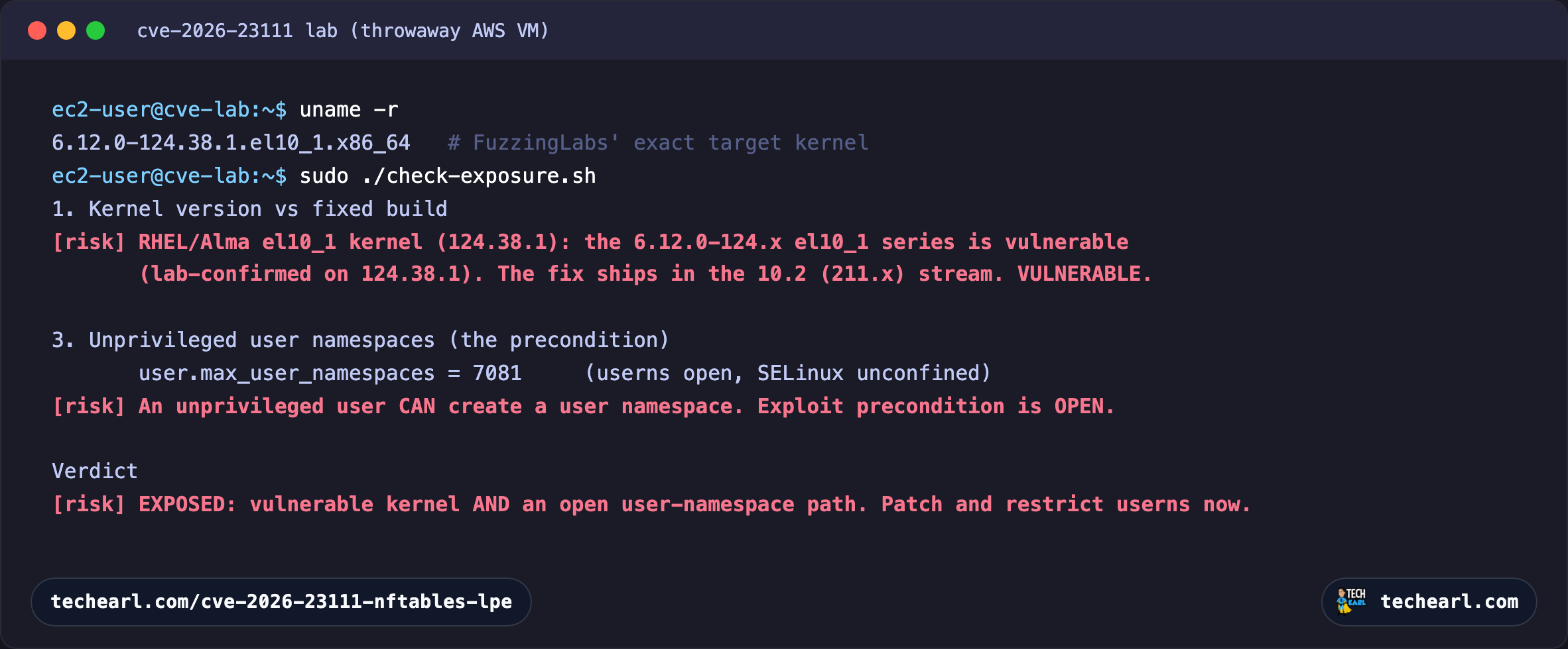 Exposure checker on AlmaLinux 10.1 running kernel 6.12.0-124.38.1.el10_1, FuzzingLabs' exact target: it flags the 124.x el10_1 series as vulnerable, finds the unprivileged user-namespace precondition open, and returns the verdict EXPOSED.