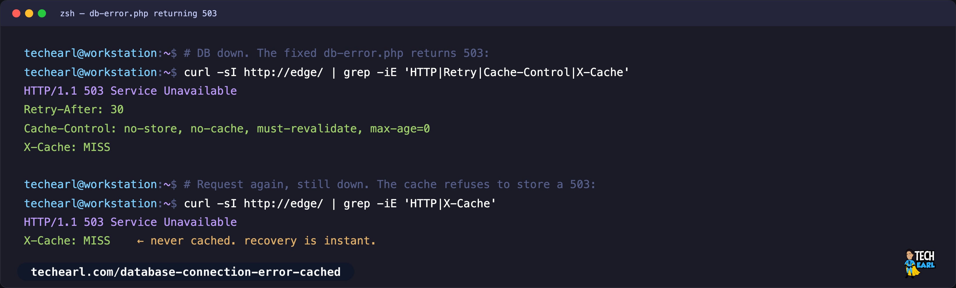 With db-error.php returning 503 and no-store, Varnish returns X-Cache MISS on every request during the outage and never caches the error