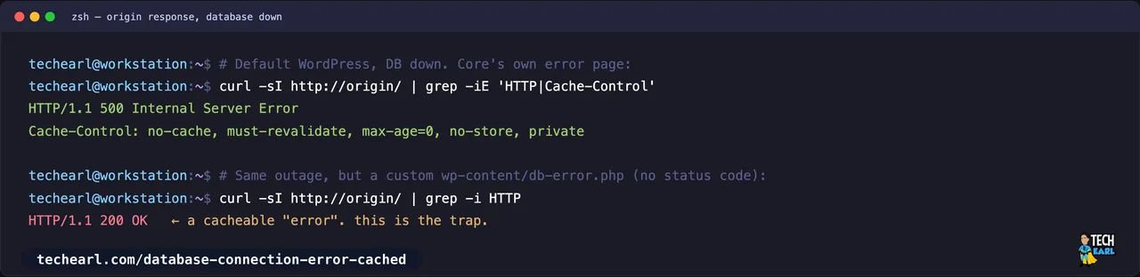 curl showing WordPress core returns HTTP 500 with no-cache headers for the database error, while a custom db-error.php returns HTTP 200