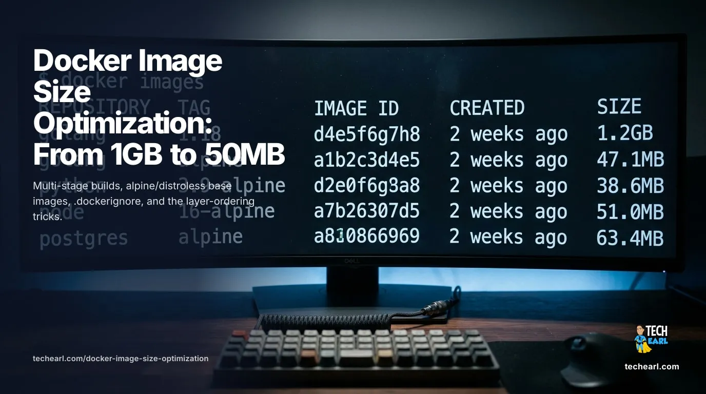 Get Docker images from 1.5 GB to under 100 MB: multi-stage builds, the alpine vs slim choice, scratch and distroless options, and how to use docker history to audit layer bloat.