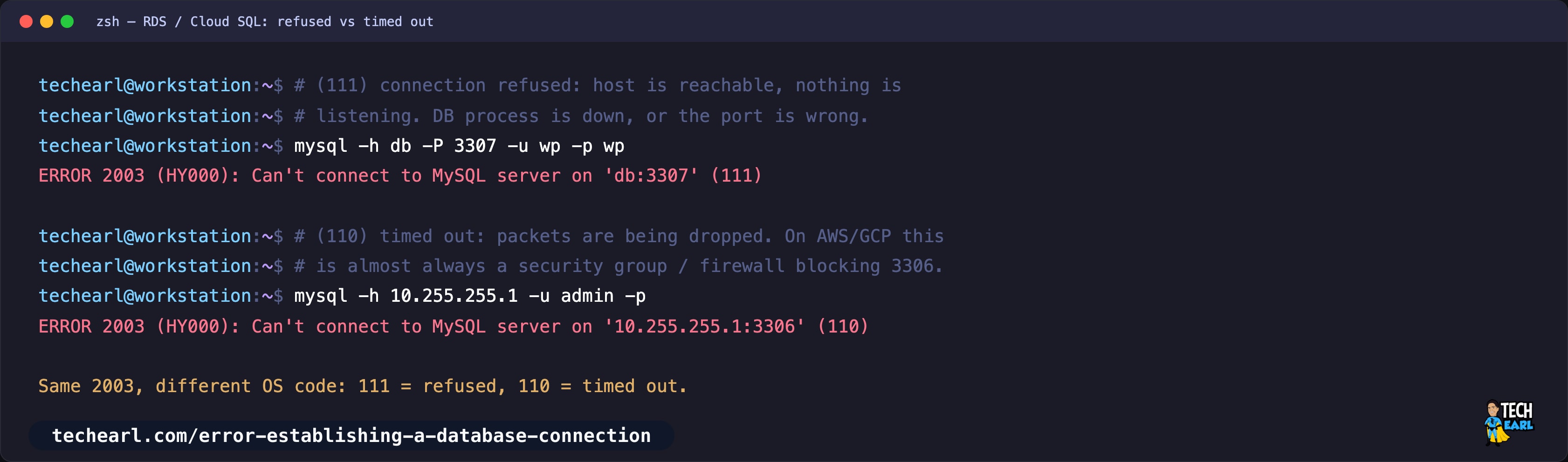 ERROR 2003 (111) connection refused versus ERROR 2003 (110) timed out, distinguishing a stopped service from a firewall or security group block
