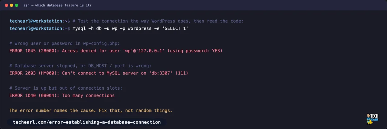 MySQL client returning ERROR 1045 for wrong credentials, ERROR 2003 (111) for a stopped server, and ERROR 1040 for too many connections