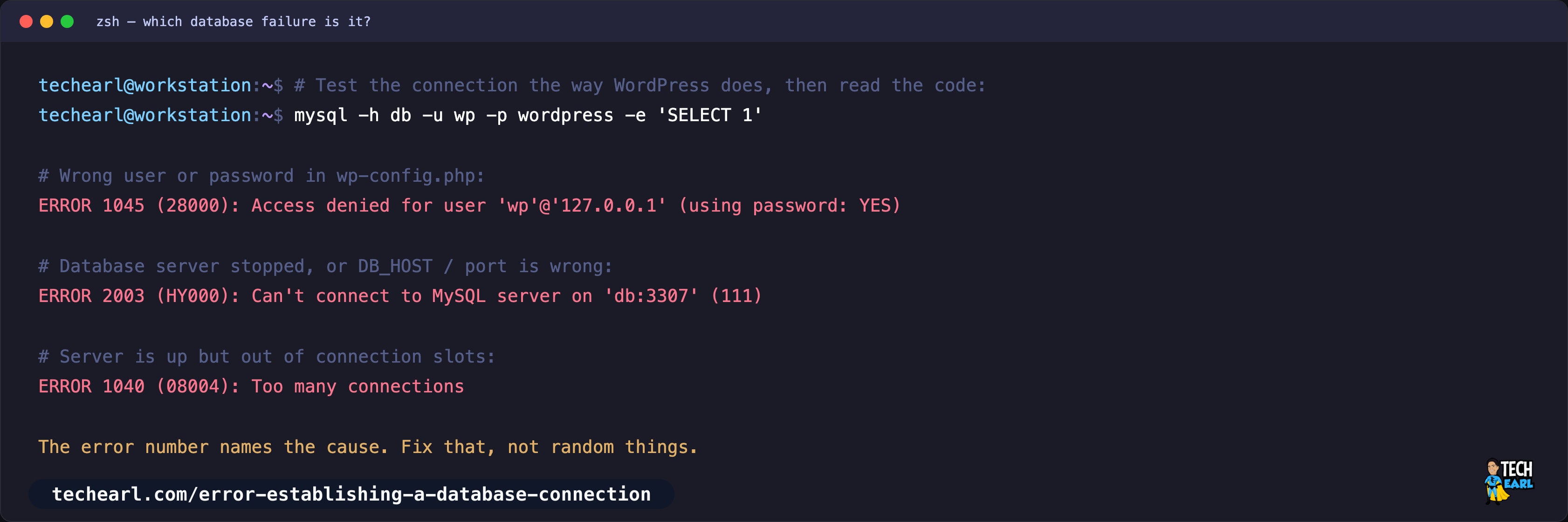 MySQL client returning ERROR 1045 for wrong credentials, ERROR 2003 (111) for a stopped server, and ERROR 1040 for too many connections
