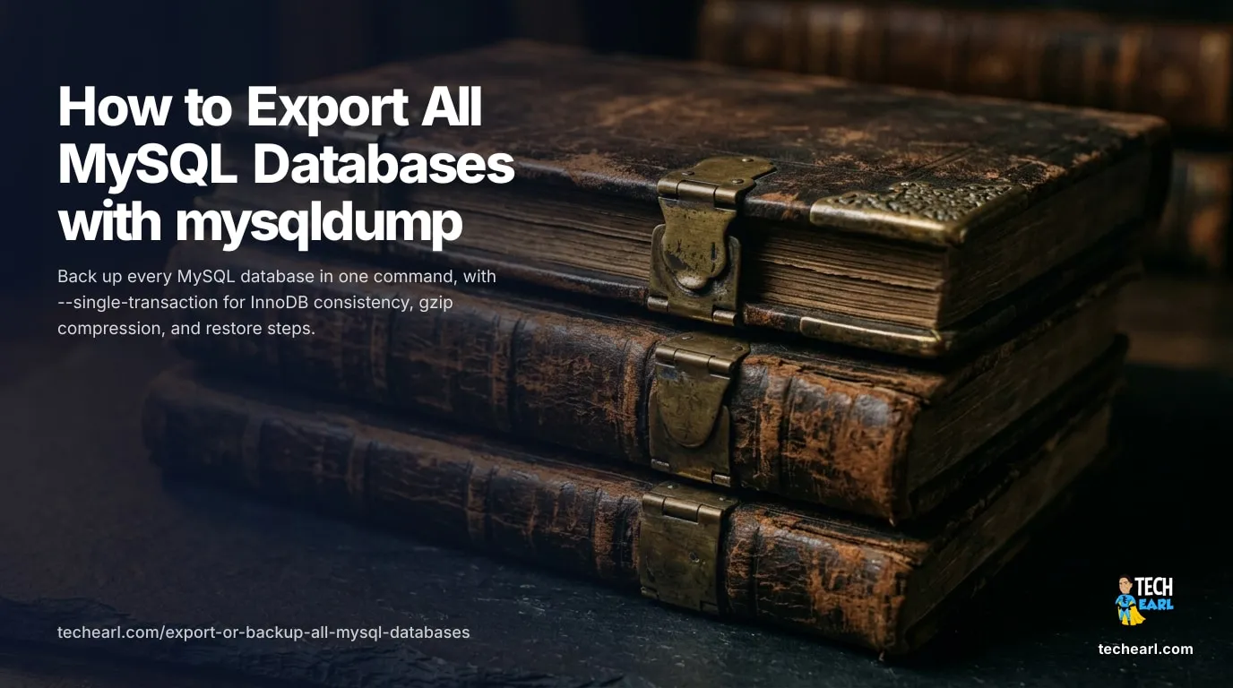 Back up every MySQL database with mysqldump in one command. Covers --single-transaction, --routines, --events, --hex-blob, gzip compression, restoring from the dump, cron schedules, and modern alternatives (MySQL Shell, Percona XtraBackup).
