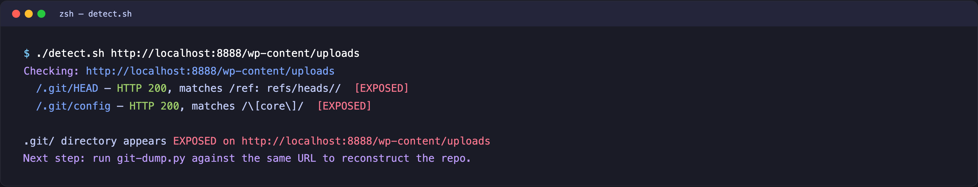 Terminal output of detect.sh against the lab WordPress, showing /.git/HEAD and /.git/config both returning HTTP 200 and matching the expected patterns, followed by an EXPOSED status line