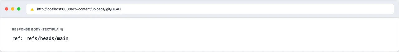 Browser address bar showing http://localhost:8888/wp-content/uploads/.git/HEAD with the response body 'ref: refs/heads/main' rendered as plain text