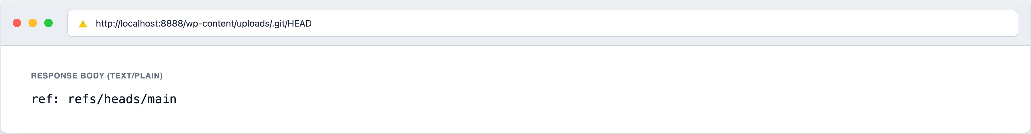 Browser address bar showing http://localhost:8888/wp-content/uploads/.git/HEAD with the response body 'ref: refs/heads/main' rendered as plain text