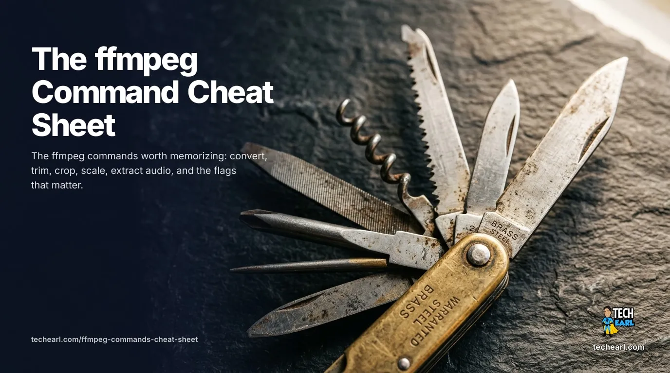 ffmpeg cheat sheet: -c copy stream copy, -ss/-to/-t trim, scale and crop filters, -vn audio extract, palettegen/paletteuse for high-quality GIFs, libx264/libx265/libsvtav1 with -crf and -preset, setpts and atempo speed, concat demuxer, subtitles, and common-error fixes.
