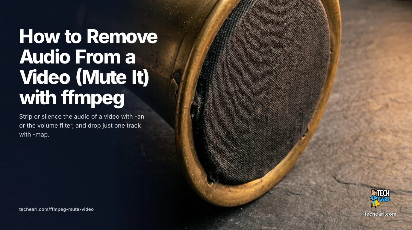 Strip or mute audio from a video with ffmpeg using -an and -c:v copy, silence only part of a clip, or drop one of several audio tracks.