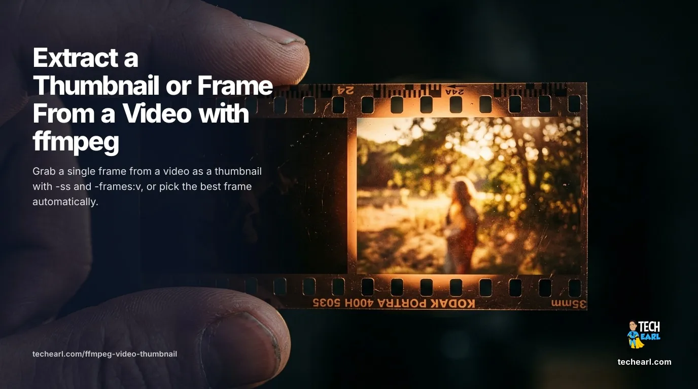 Extract a Thumbnail or Frame From a Video with ffmpeg Extract a thumbnail or single frame from a video with ffmpeg: grab a frame at a timestamp with a fast -ss seek, use the thumbnail filter for a representative frame, sample one every N seconds, and set JPEG quality with -q:v 2.