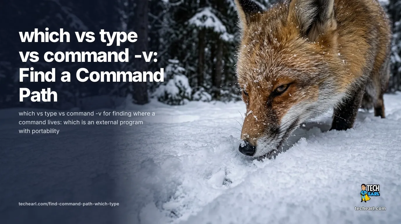 which vs type vs command -v compared: which is a non-standard external program, command -v is the POSIX way to resolve a command path in scripts, and type reports aliases, functions, and builtins.