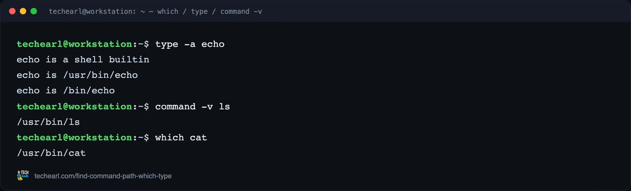 Terminal showing type -a echo listing the builtin and both binary paths, command -v ls printing an absolute path, and which cat printing a path