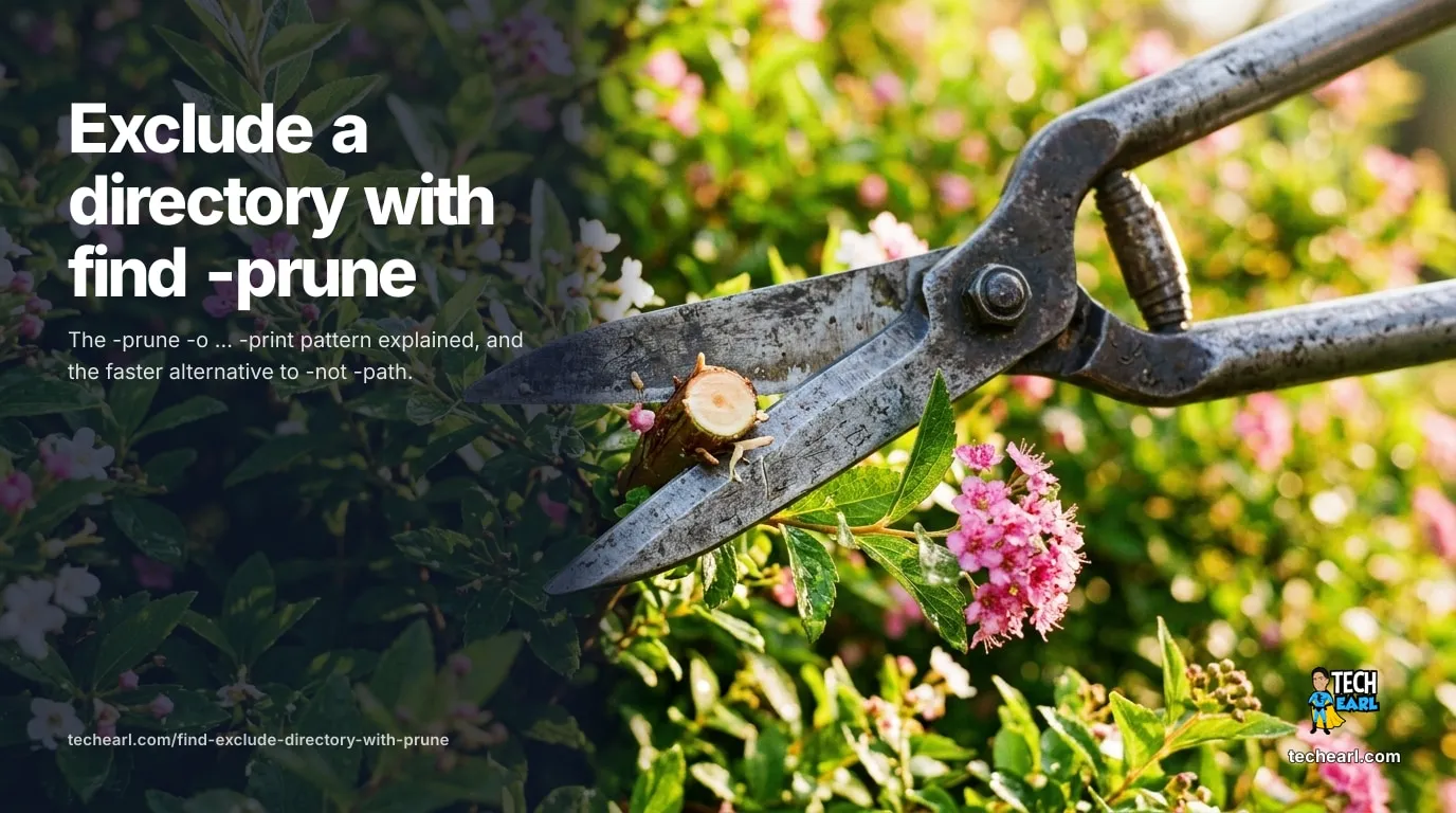 find Exclude Directory: the -prune Pattern Explained (2026) Exclude a directory in find with -path './node_modules' -prune -o ... -print. Why the trailing -print is mandatory, the multi-directory form, the slower -not -path alternative, and BSD vs GNU notes.