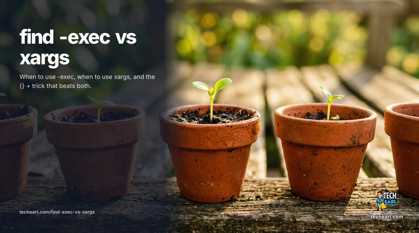 find -exec vs xargs: When to Use Each (with {} + Trick) (2026) find -exec ... {} + batches arguments into one command (fast). find ... -exec ... {} \; forks per file (slow). xargs adds shell flexibility but needs -0 for safety. The decision matrix and performance comparison.