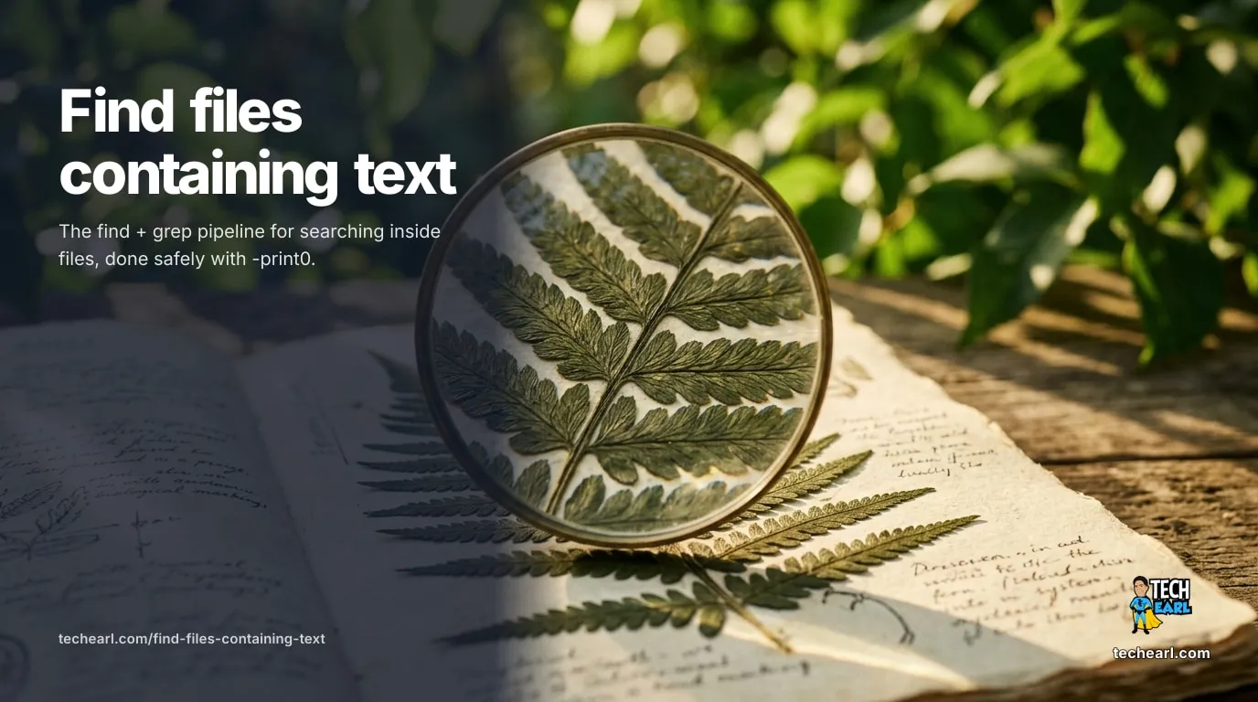 find Files Containing Text: find + grep, grep -r, ripgrep (2026) Use find ... -print0 | xargs -0 grep -l 'PATTERN' to find every file containing a string. When grep -r is enough, when to add find as a pre-filter for performance, multi-pattern matching with -E, and the safe NUL-delimited pipeline.