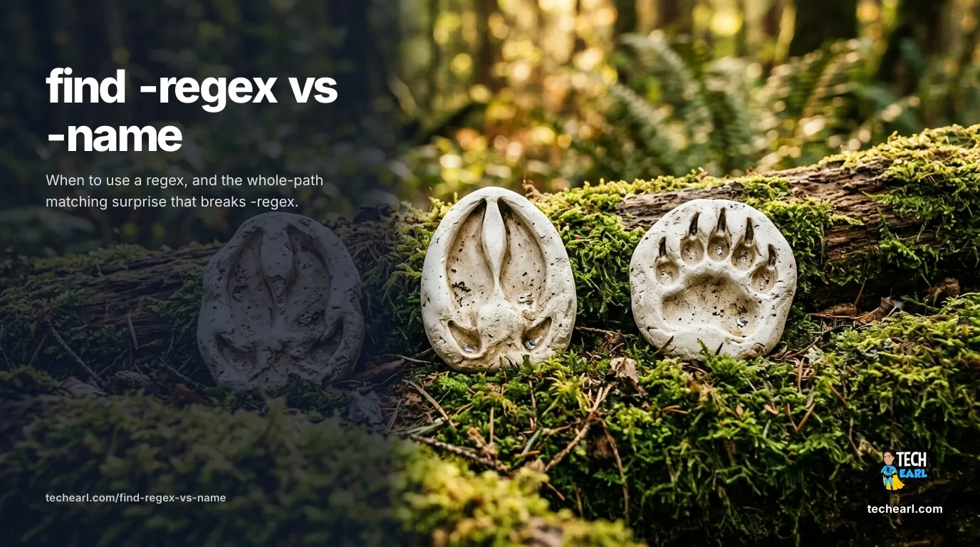 find -regex vs -name: When to Use Regex in find (2026) find -name uses shell globs on the basename; find -regex matches a full regular expression against the whole path. The -regextype flavors, the GNU emacs vs BSD basic default drift, and when each one is the right tool.