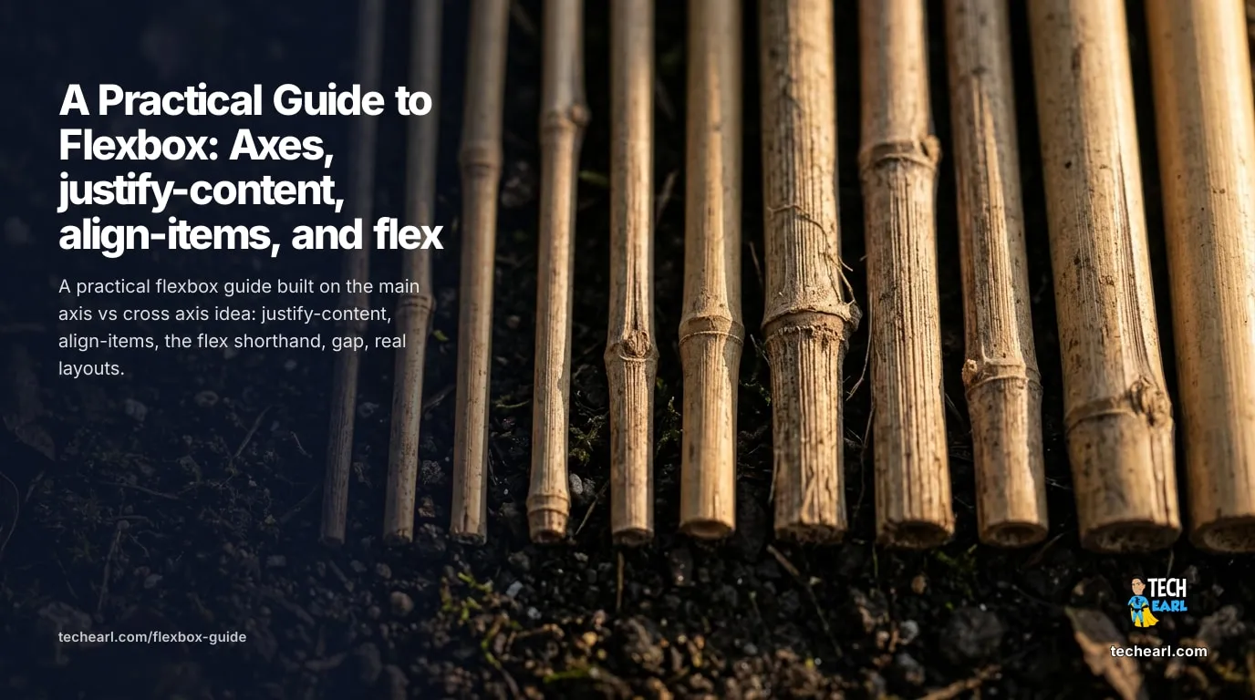 Understand flexbox through the main axis and cross axis: justify-content, align-items, the flex shorthand, gap, align-self, and order, with real nav, card row, and sidebar layouts.