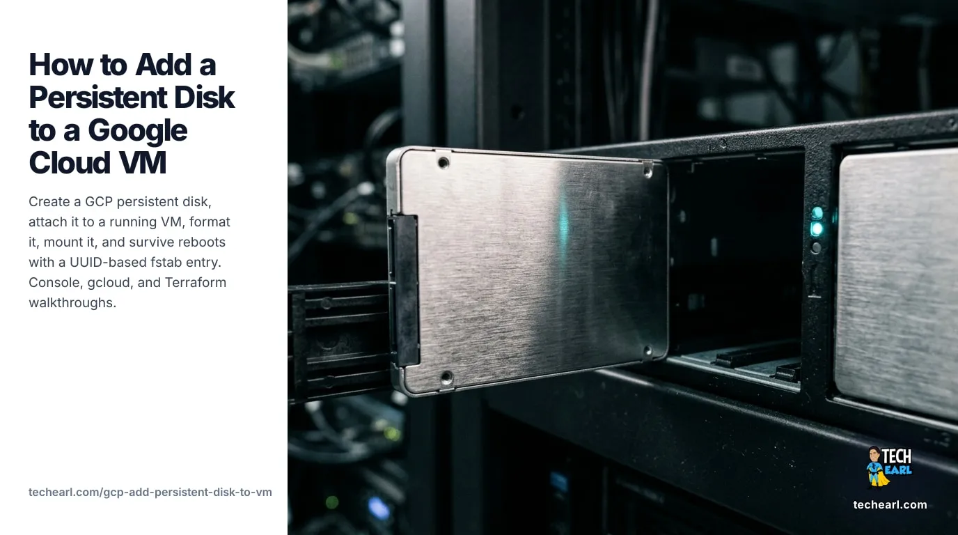 Add a Persistent Disk to a Google Cloud VM (2026 Guide) Create a GCP persistent disk, attach it to a running VM, format it with mkfs.ext4, mount it, and persist across reboots with a UUID-based /etc/fstab entry. gcloud, Console, and Terraform.