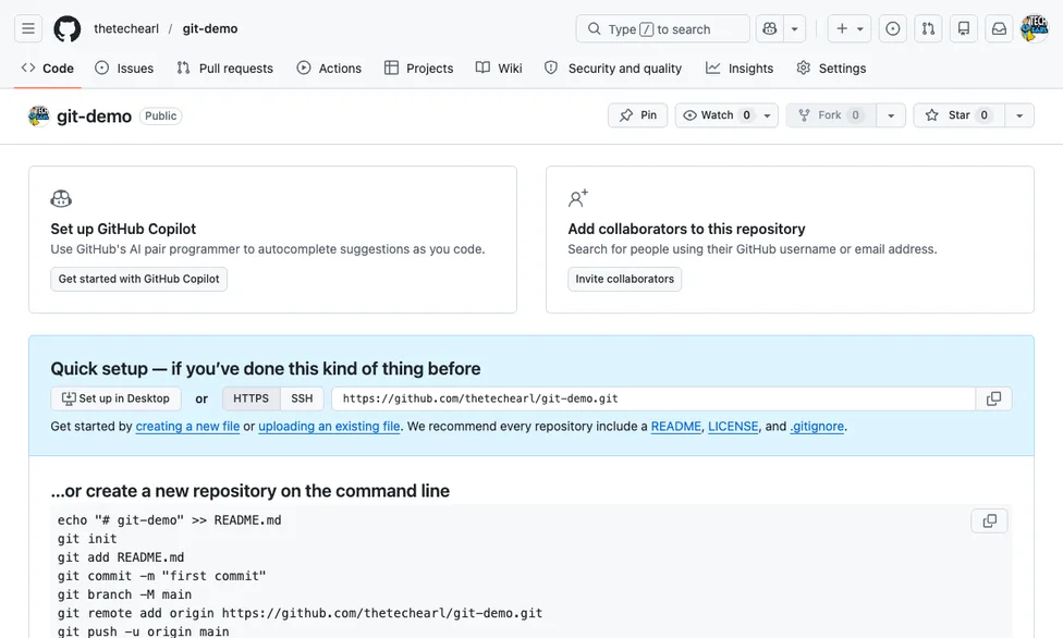GitHub's quick setup screen with commands to push an existing repository
