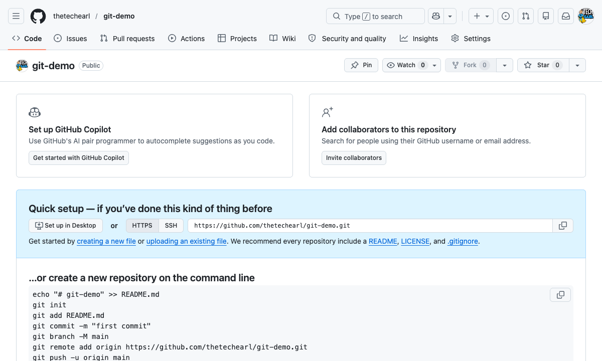 GitHub's quick setup screen with commands to push an existing repository