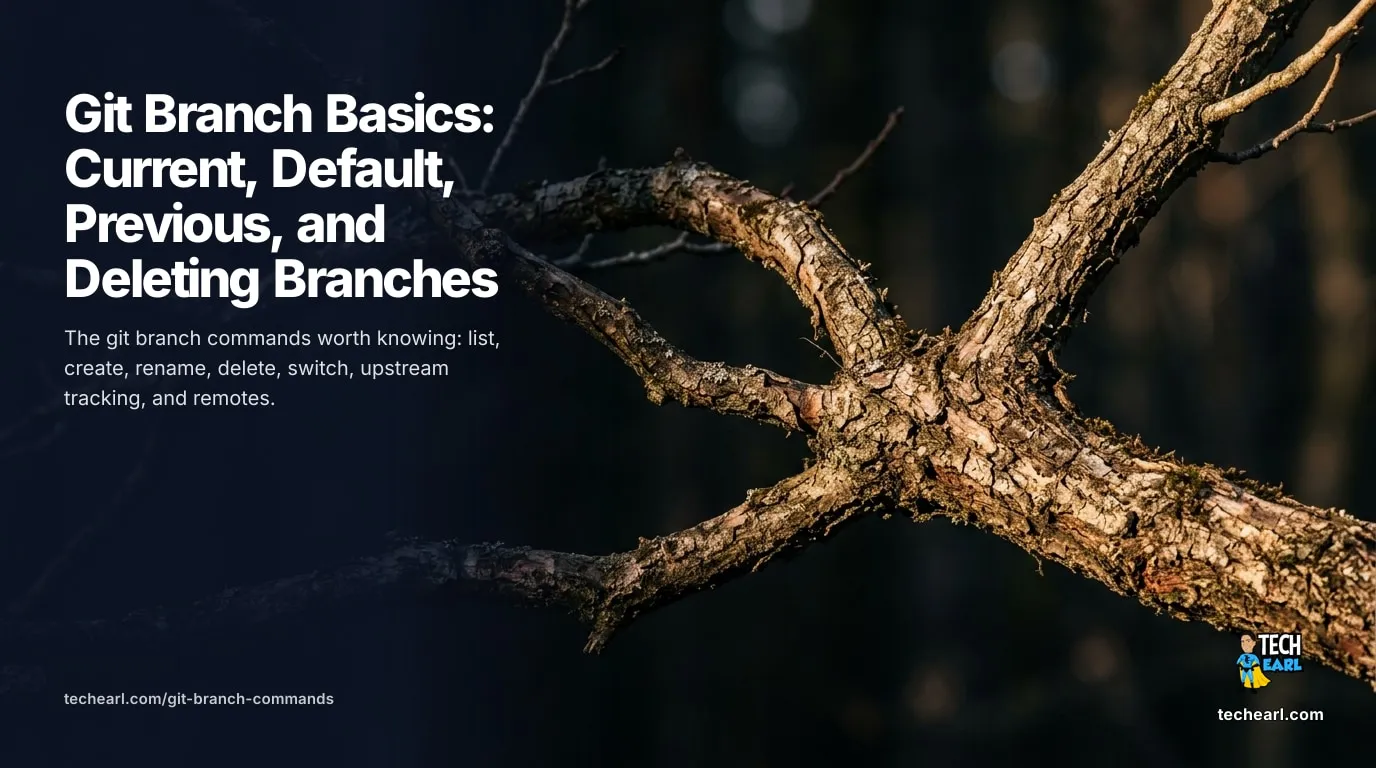 Print the current git branch, find a remote's default branch, switch to the previous branch, rename a branch, and delete a branch locally and on the remote with modern git switch syntax.
