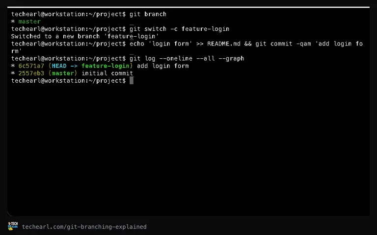 Creating and switching to a new branch, shown in git log graph output