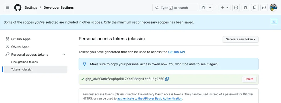 A newly generated GitHub personal access token shown once