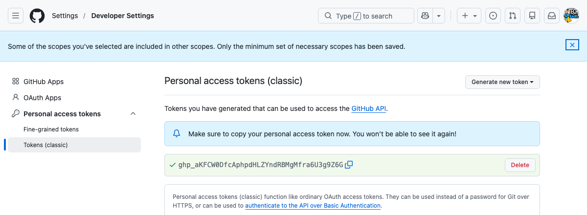 A newly generated GitHub personal access token shown once