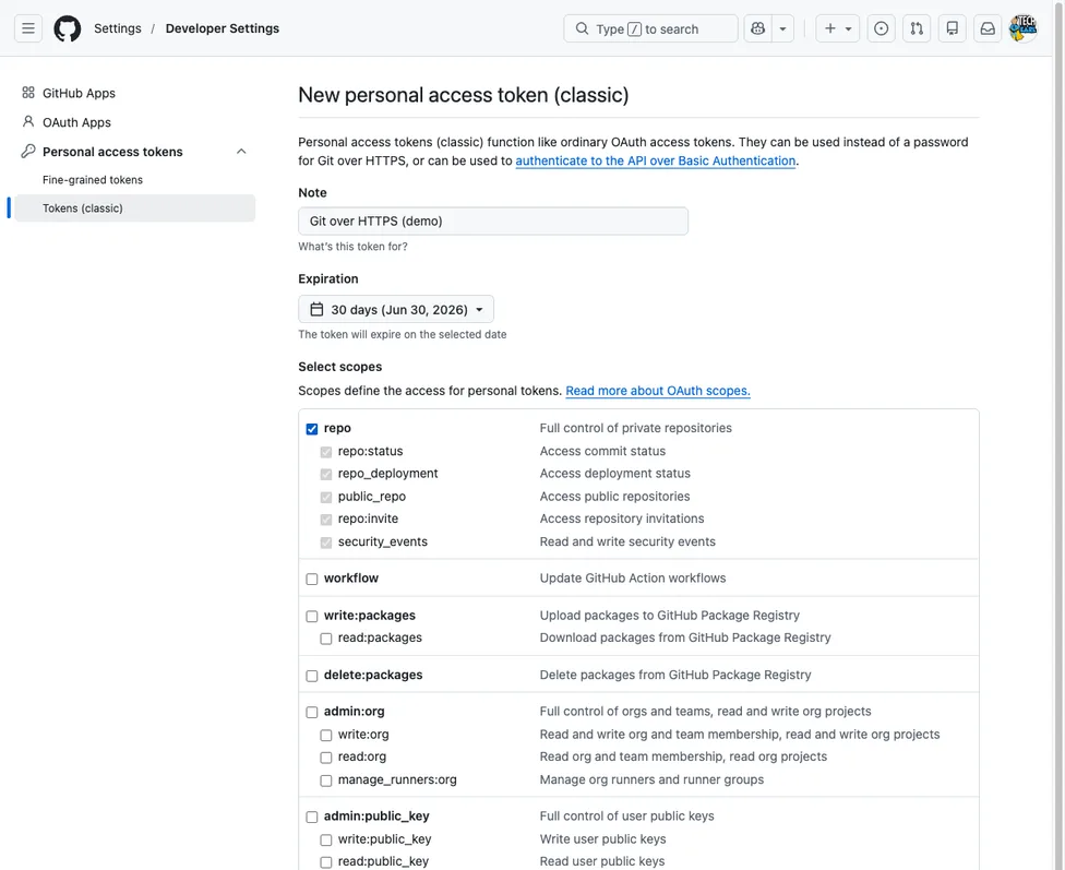 Creating a GitHub personal access token with the repo scope selected