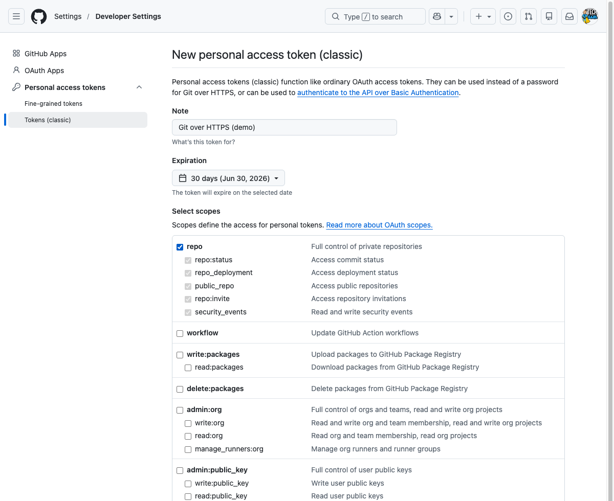 Creating a GitHub personal access token with the repo scope selected