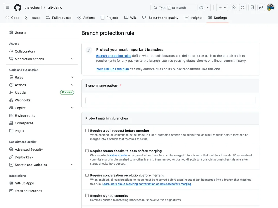 GitHub's branch protection rule form for the main branch