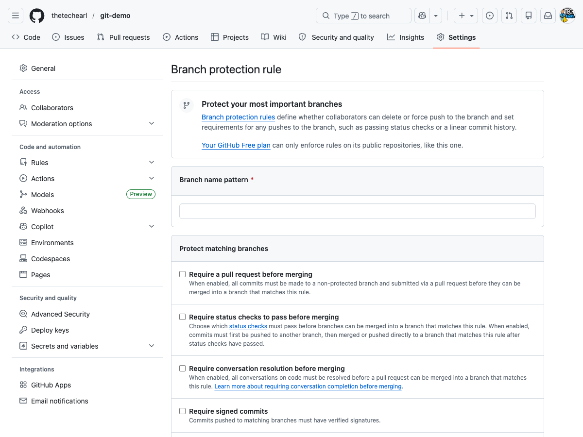GitHub's branch protection rule form for the main branch