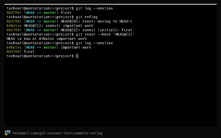 Recovering a lost commit using git reflog and git reset
