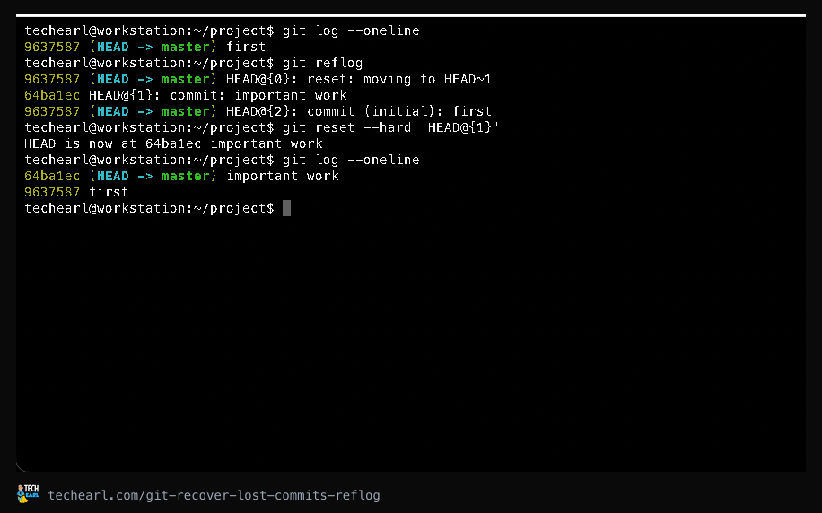 Recovering a lost commit using git reflog and git reset