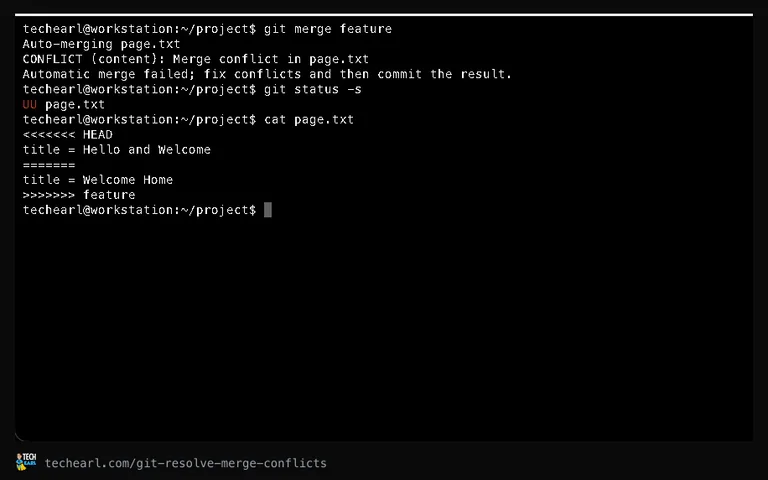 A real Git merge conflict and its conflict markers shown in the terminal