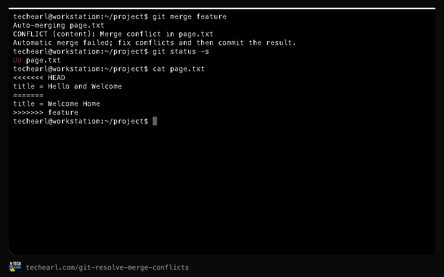 A real Git merge conflict and its conflict markers shown in the terminal