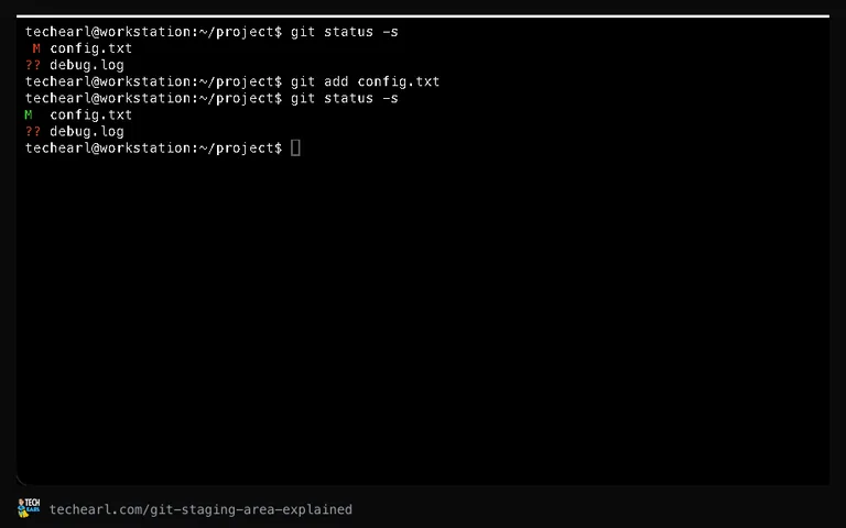 git status showing a file moving from unstaged to staged after git add