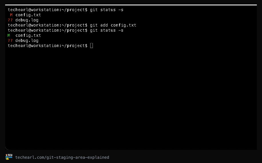 git status showing a file moving from unstaged to staged after git add