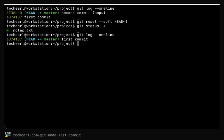 Undoing the last commit with git reset --soft in the terminal