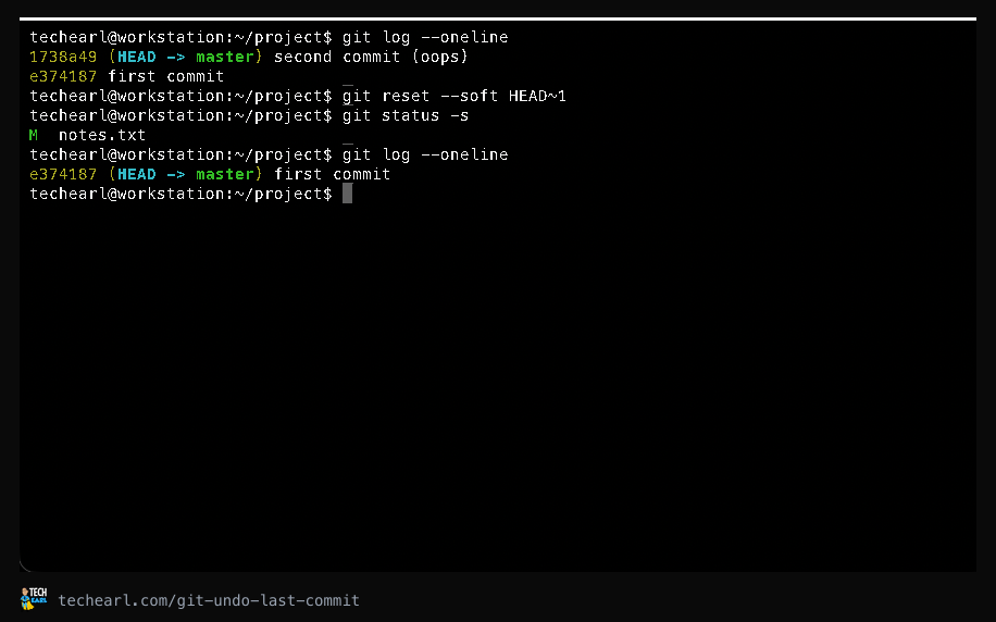 Undoing the last commit with git reset --soft in the terminal