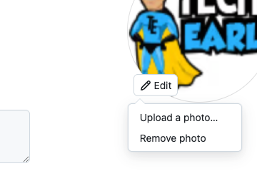 The Edit button under Profile picture in GitHub settings, with the Upload a photo option in the dropdown menu