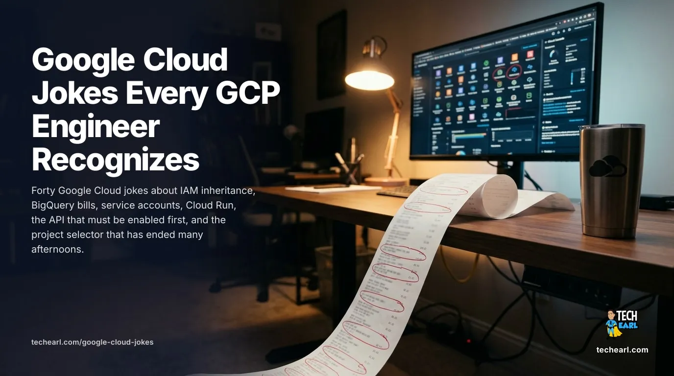Forty Google Cloud (GCP) jokes covering IAM inheritance, service accounts, BigQuery billing, Cloud Run debugging, project selectors, and the GCP console search bar.