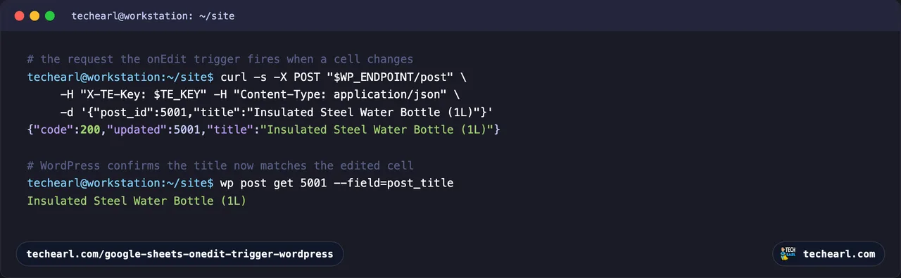 A terminal showing the POST that the onEdit trigger sends returning HTTP 200 with updated post 5001, then wp post get confirming the post title changed to the value from the sheet
