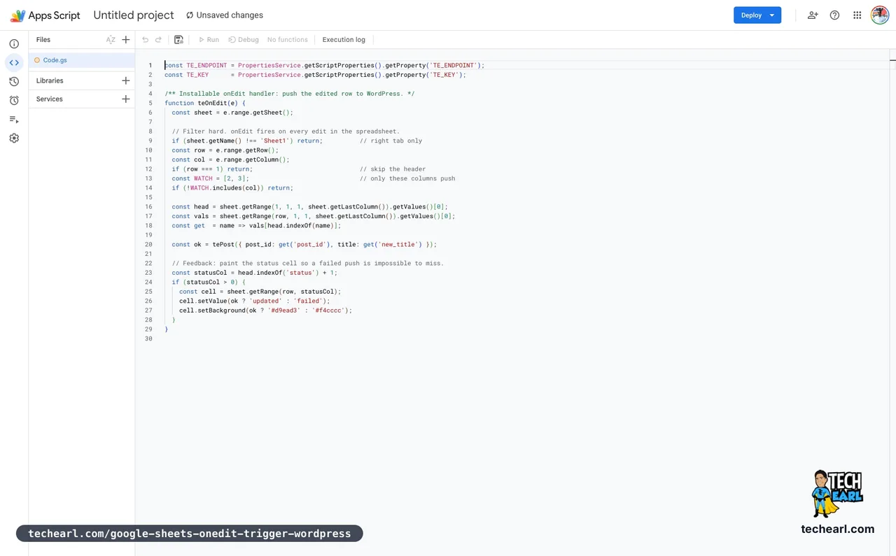The Google Apps Script editor showing the teOnEdit installable trigger function that filters on sheet and column then POSTs the edited row to a WordPress endpoint