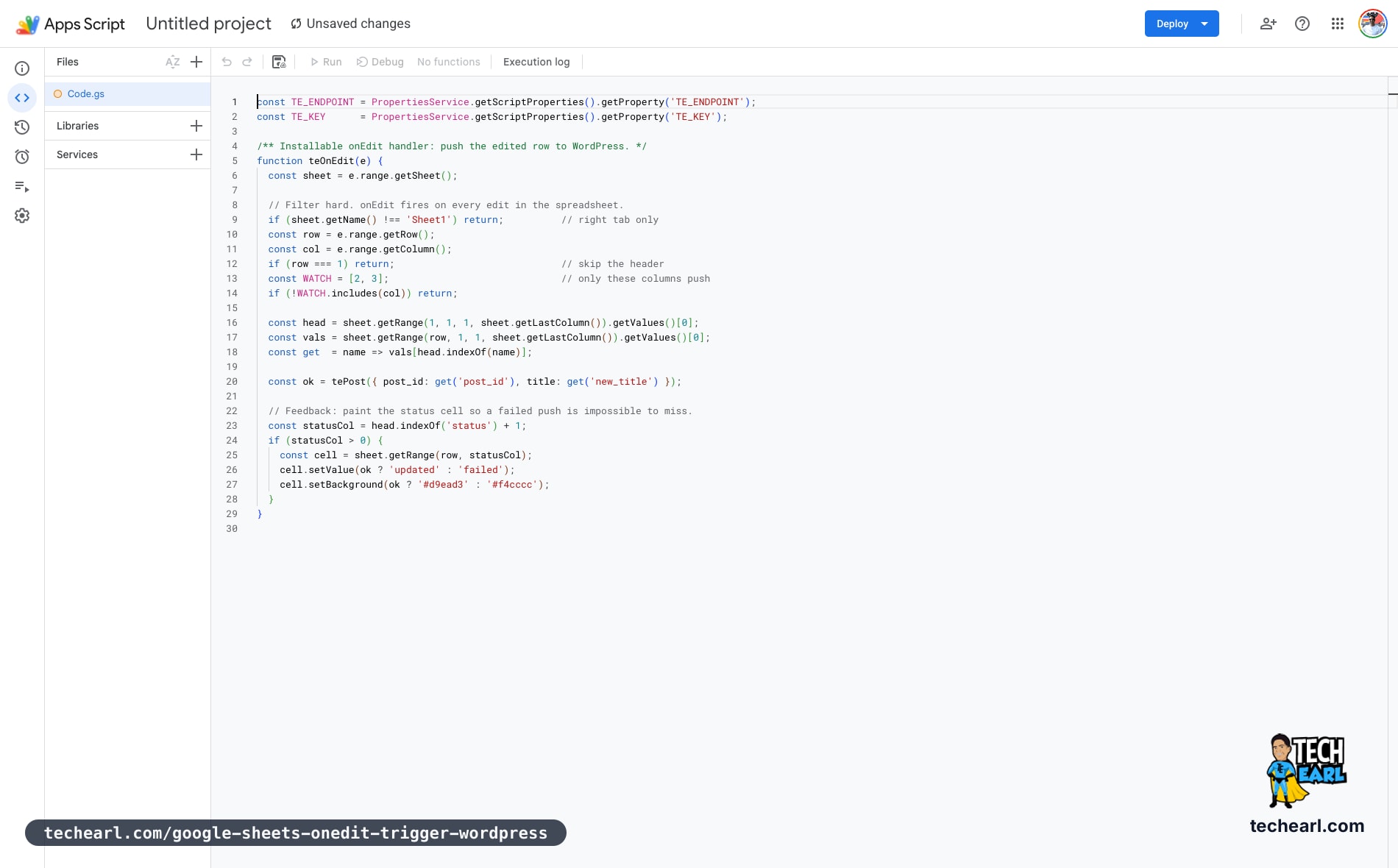 The Google Apps Script editor showing the teOnEdit installable trigger function that filters on sheet and column then POSTs the edited row to a WordPress endpoint