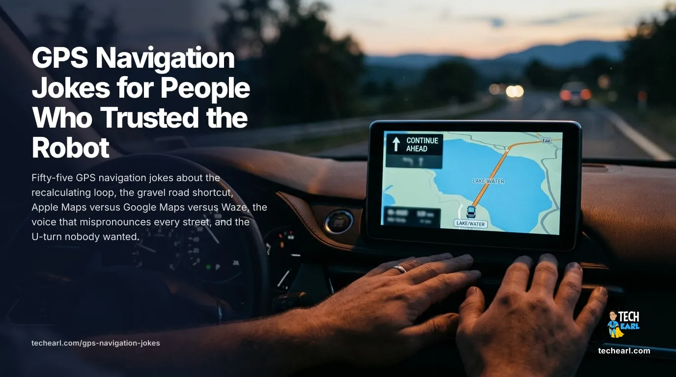 Fifty-five GPS navigation jokes about the recalculating loop, the gravel-road shortcut, Apple vs Google vs Waze, the mispronouncing voice, and the U-turn nobody wanted.