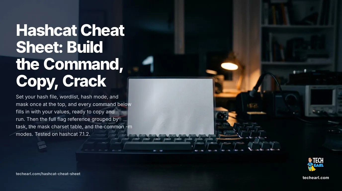 Fill in your hash file, wordlist, mode and mask, then copy ready-to-run hashcat commands for every attack mode. Full flag reference, charset table, common modes. Tested on hashcat 7.1.2.